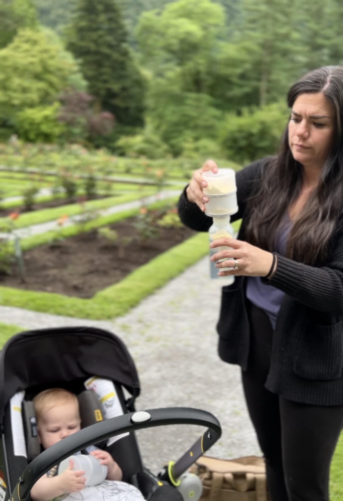 mom using a stackable formula dispenser in Norway